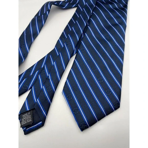Lands End Mens Navy Blue Striped Silk Necktie Geometric Jacquard Classic Tie
