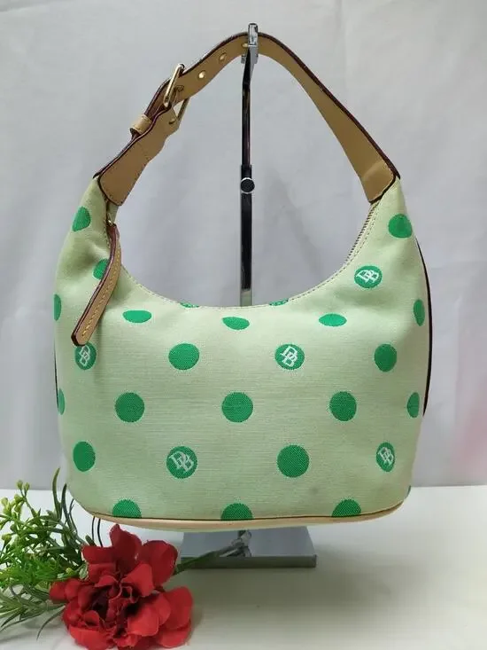 Dooney & Bourke Canvas Green Polka Dot Zipper Closure Hobo Shoulder Bag