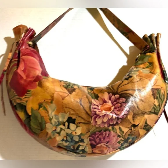 Floral Crescent Hobo Shoulder Bag in Multicolor Leather