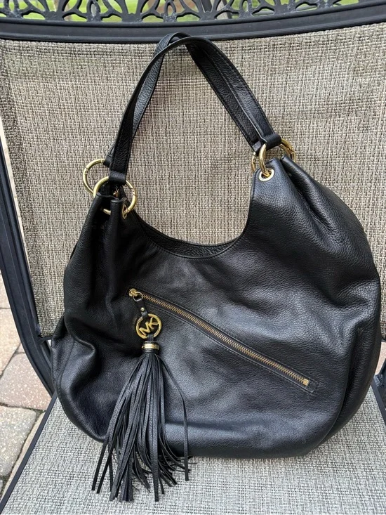 Michael Kors Black Pebbled Leather Hobo with Tassel and Gold Hardware