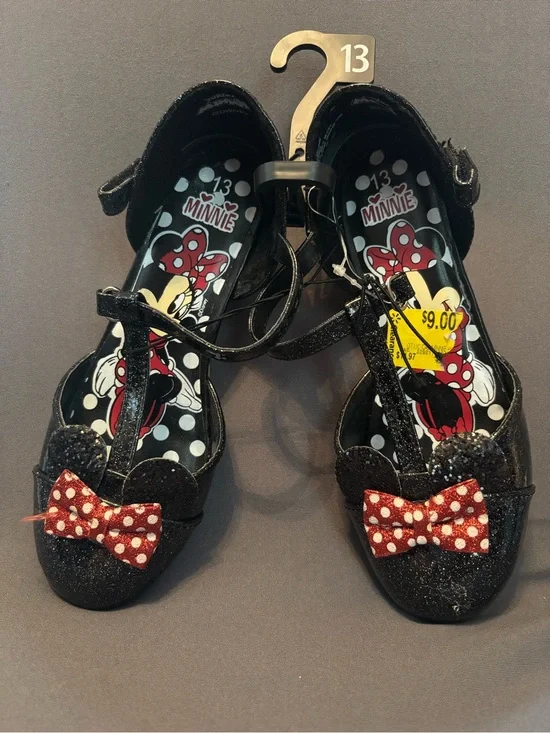 Disney Black Glitter Minnie Mary Jane Shoes with Red Polka Dot Bows