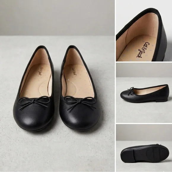 CAT&JACK Girls Diana Black Ballet Flats Shoes Size 2 Slip-On Bow Dressy School