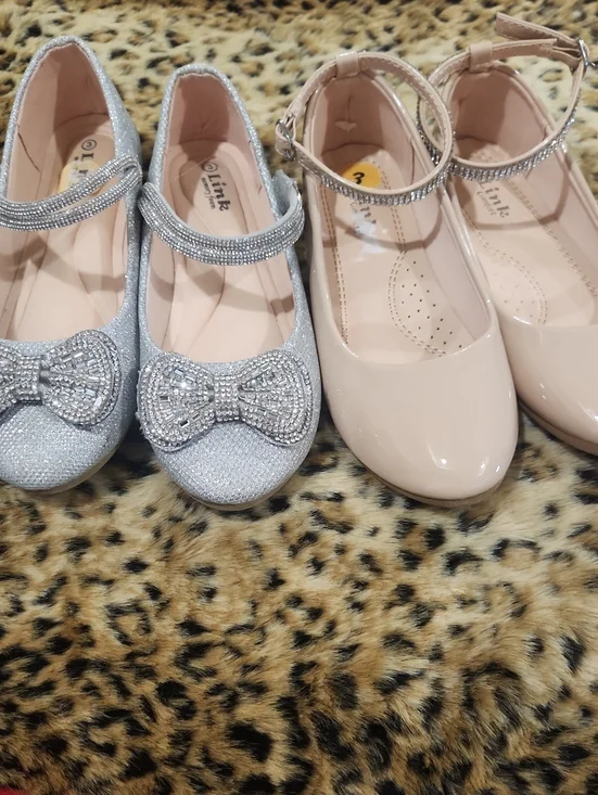 Link Girls Sparkling Silver Bow & Nude Patent Ankle-Strap Dress Shoes Set