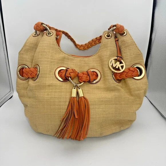 Michael Kors Carlton Large Straw Hobo Bag Braided Leather Grommet Tassel Tan