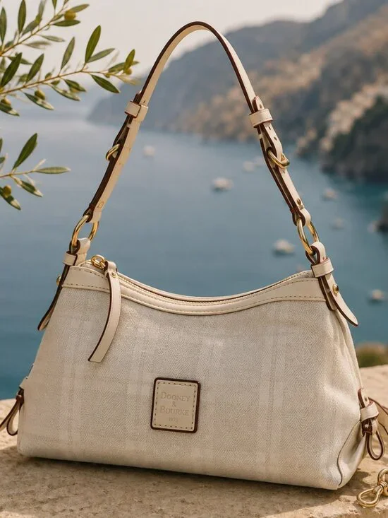 Vintage Dooney & Bourke Ivory Jacquard Shoulder Bag Classic Leather Trim Hobo