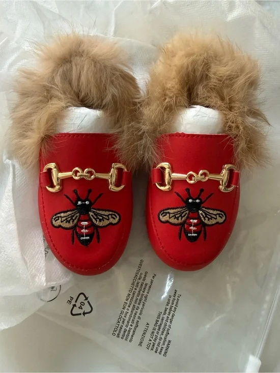 Kids Red Fur-Trim Bee Slip-On Shoes