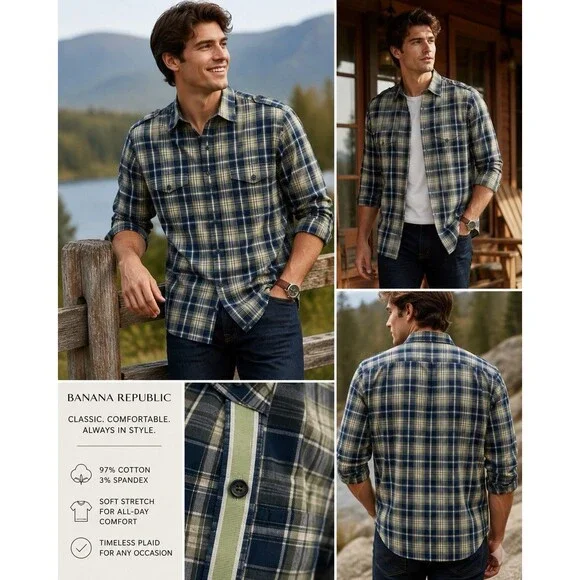 Banana Republic Men's L Long Sleeve Button-Up Blue Green Plaid Stretch 16/16 1/2