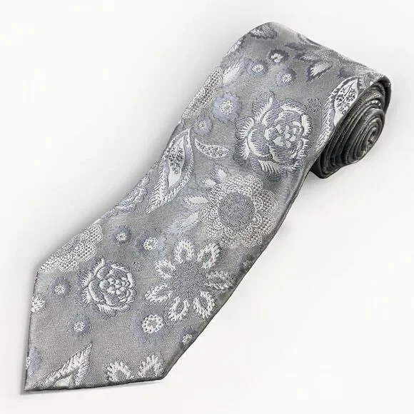Christian Lacroix Silk Tie Silver Gray Floral Made in Italy Necktie