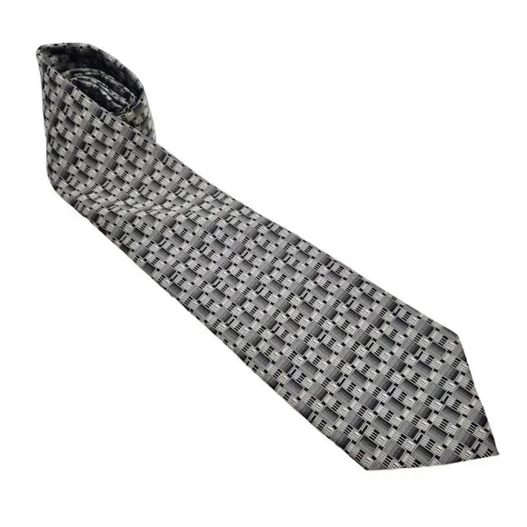 Stafford Mens Necktie Tie Silk Geometric Black Silver Gray‎ EUC