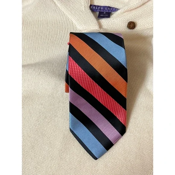 Dion Signature Men's Italian Silk Striped Necktie Black Red‎ Orange Blue Purple