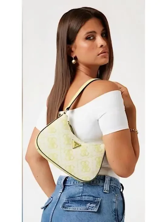 Guess Ruma Mini Top Zip  Quilted Logo Embroidered Shoulder Bag Chartreuse Color