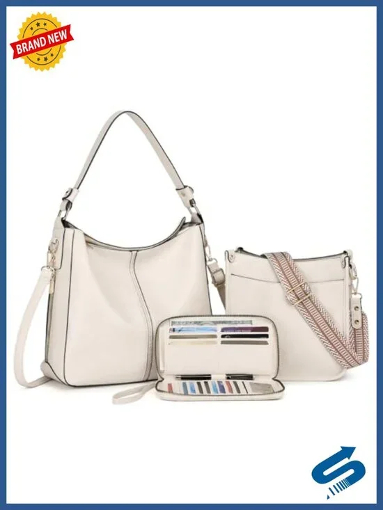 Women's 3Pc PU Leather Crossbody Hobo Bag Set with Wallet, Adjustable Straps