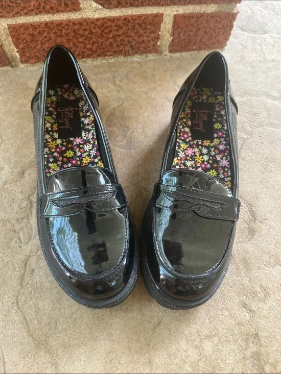 Jellypop Black Patent Loafers with Floral Insole