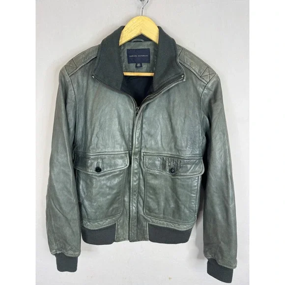 VIntage Banana‎ Republic Mens Leather Bomber Jacket Sage Green Grey S Full Zip