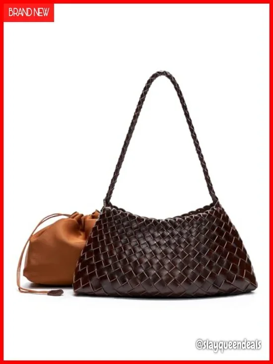 Hand-Woven Vegan Leather Hobo Shoulder Bag with Inner Drawstring Pouch
