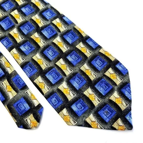 Robert Talbott Yellow Tan Blue Abstract Print Geometric Wide‎ Silk Tie