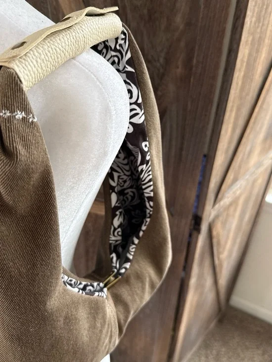 Brown Denim Shoulder Bag with Cream Accent & Patterned Lining