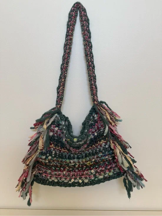 Boho Style Hand Knitted Multicolor Fringe Shoulder Bag - Green