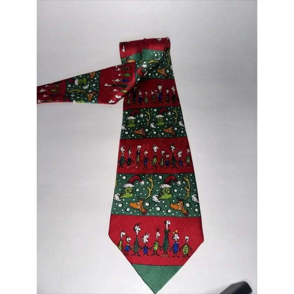 Seuss Wear Necktie Mens OS Red Green Grinch Whoville Silk Vintage‎ 1997