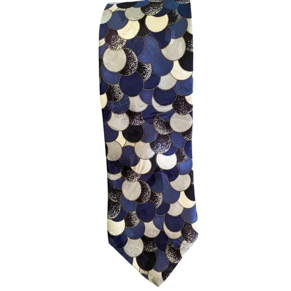 Prima Emoda Mens Silk Tie Navy‎ Blue Silver Geometric Scale Pattern Italy USA