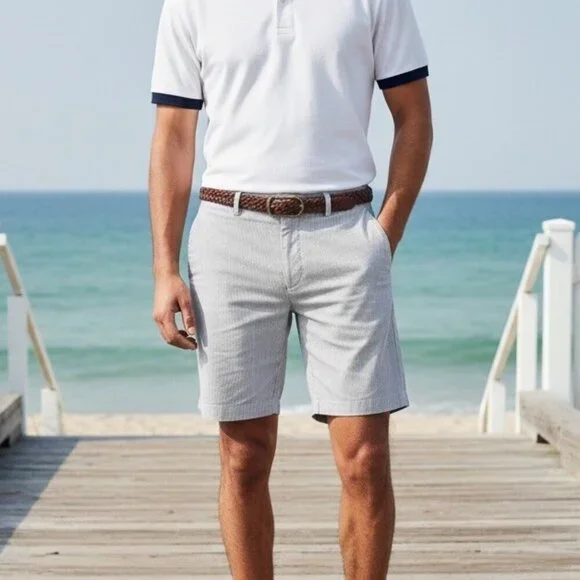 Banana Republic Mens Sz 34 Pinstriped Preppy Navy Stripe Cotton Bermuda Shorts