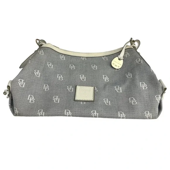 Dooney And Bourke Small East West Slouch Hobo Bag White Leather Gray Canvas