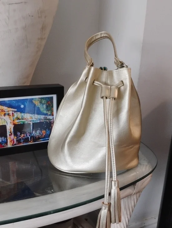 Metallic Gold Drawstring Bucket Handbag