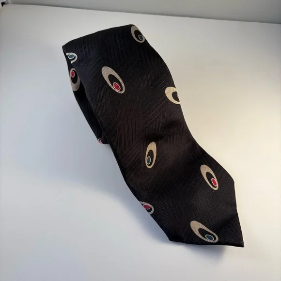Guy‎ Laroche Paris Black Silk Tie Geometric Ovals Made in USA 58” X 3.25”