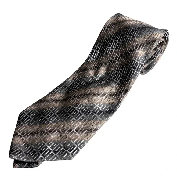 Campia Moda Mens Silk Tie Extra Long Geometric Grid Grey Taupe Bronze Hand Made‎