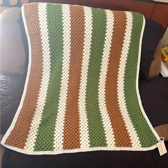 Cozy Striped Green, Brown, and White Baby/Toddler Blanket