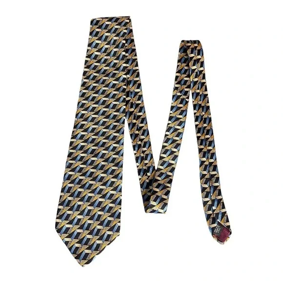 John Henry‎ Mens Vintage Silk Necktie 57 X4 Zig-Zag Abstract Print Blue Gold