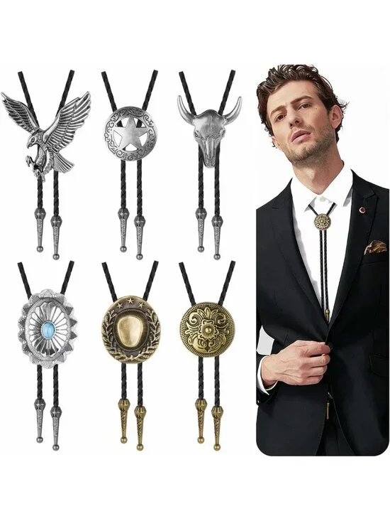Vintage Handmade Bolo Ties for Men - 6PCS Western Leather Neckties with Tiger
