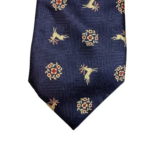 Banana Republic Mens Silk Tie Navy Blue Gold Stag Reindeer Floral Made in Italy