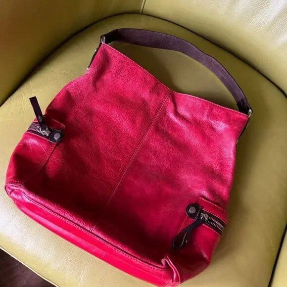 TANO Red Leather Hobo Bag Slouchy Shoulder Bag Boho Distressed