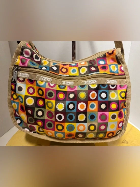 LeSportsac Vtg Nylon Square Dance Retrodot Hobo Geometric Pattern Adj Strap