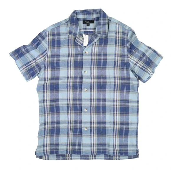 Banana Republic Linen-Blend Shirt Mens M Blue Plaid‎ Modern Summer Casual Beach
