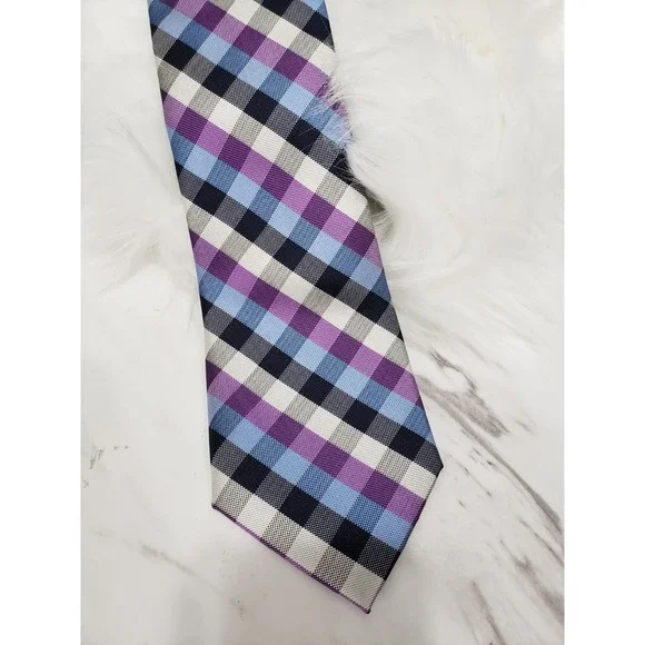 NEW EXTRA LONG Tommy Hilfiger Mens 100% Silk Tie PLAID PURPLE CHECKERED GRAY