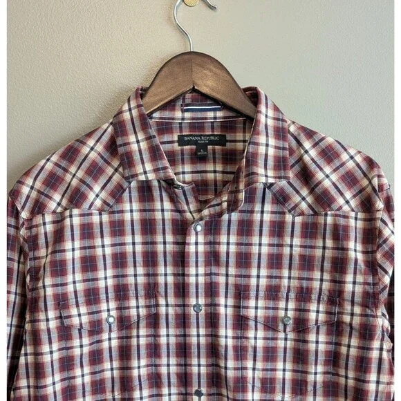 Banana Republic Mens Large Slim Fit Western Snap Shirt Red Plaid Long Sleeve