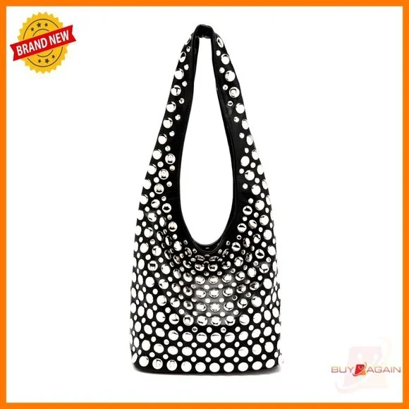Studded Hobo Shoulder Bag PU Leather Small Tote Magnetic Closure