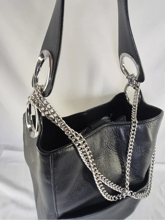 Pinko Black Leather Bucket Hobo Bag Purse Tote Chain Strap