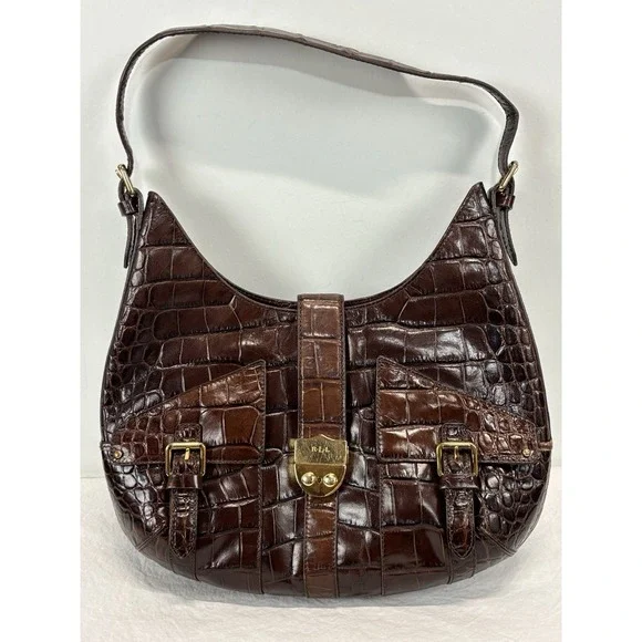 Lauren Ralph Lauren Croc Embossed Leather Hobo Purse Brown Shoulder Bag