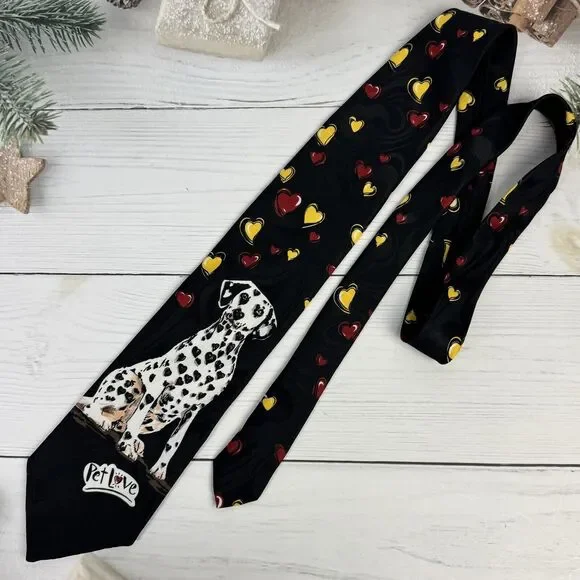 Pet Love Hallmark Men's Necktie Tie Polyester‎ Jacquard Dalmatian Dog Hearts EUC