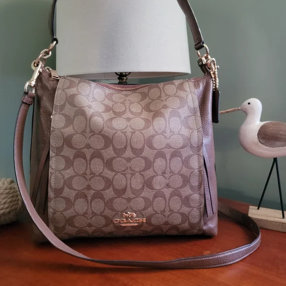 Coach F79993 Marlon Signature Canvas Pebbled Leather Hobo Crossbody Brown