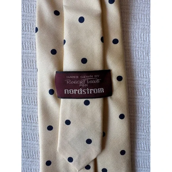 Robert Talbott Nordstrom Mens Silk Tie Yellow Navy Polka Dot Hand Sewn Classic