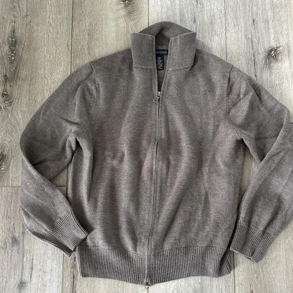 Banana Republic Sweater Mens Large Brown Italian Merino Wool Full Zip Mock Neck