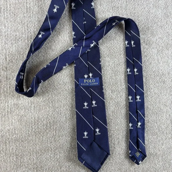 Polo Ralph Lauren US Open Tie Mens Silk Navy Trophy Logo Handmade Italy