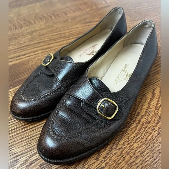 TANINO CRISCI Handmade‎ Brown Leather Loafers Buckle Luxury Italy Vintage 34