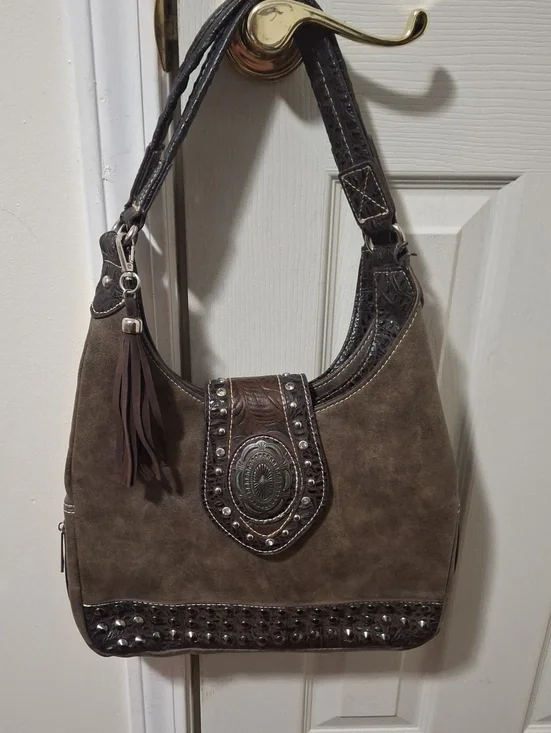 Western Style Brown Embellished Hobo Bag
