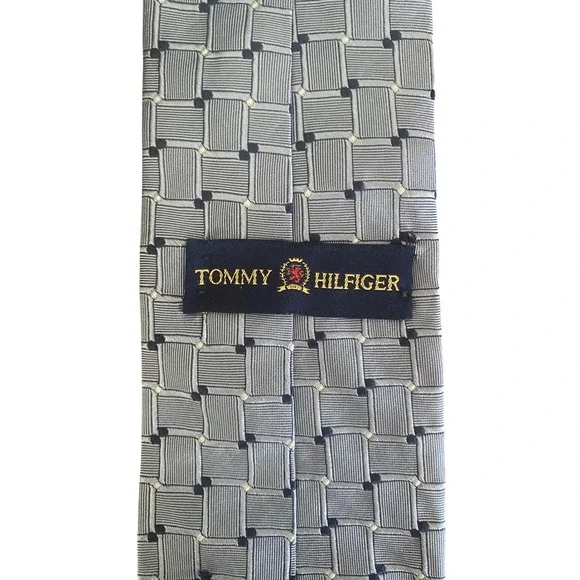 Tommy Hilfiger Mens Silk Necktie Blue Geometric‎ Basketweave Woven Made in USA