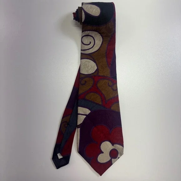Vintage Lo Studio USA 100% Silk Abstract Floral Wide Necktie Purple Burgundy 57